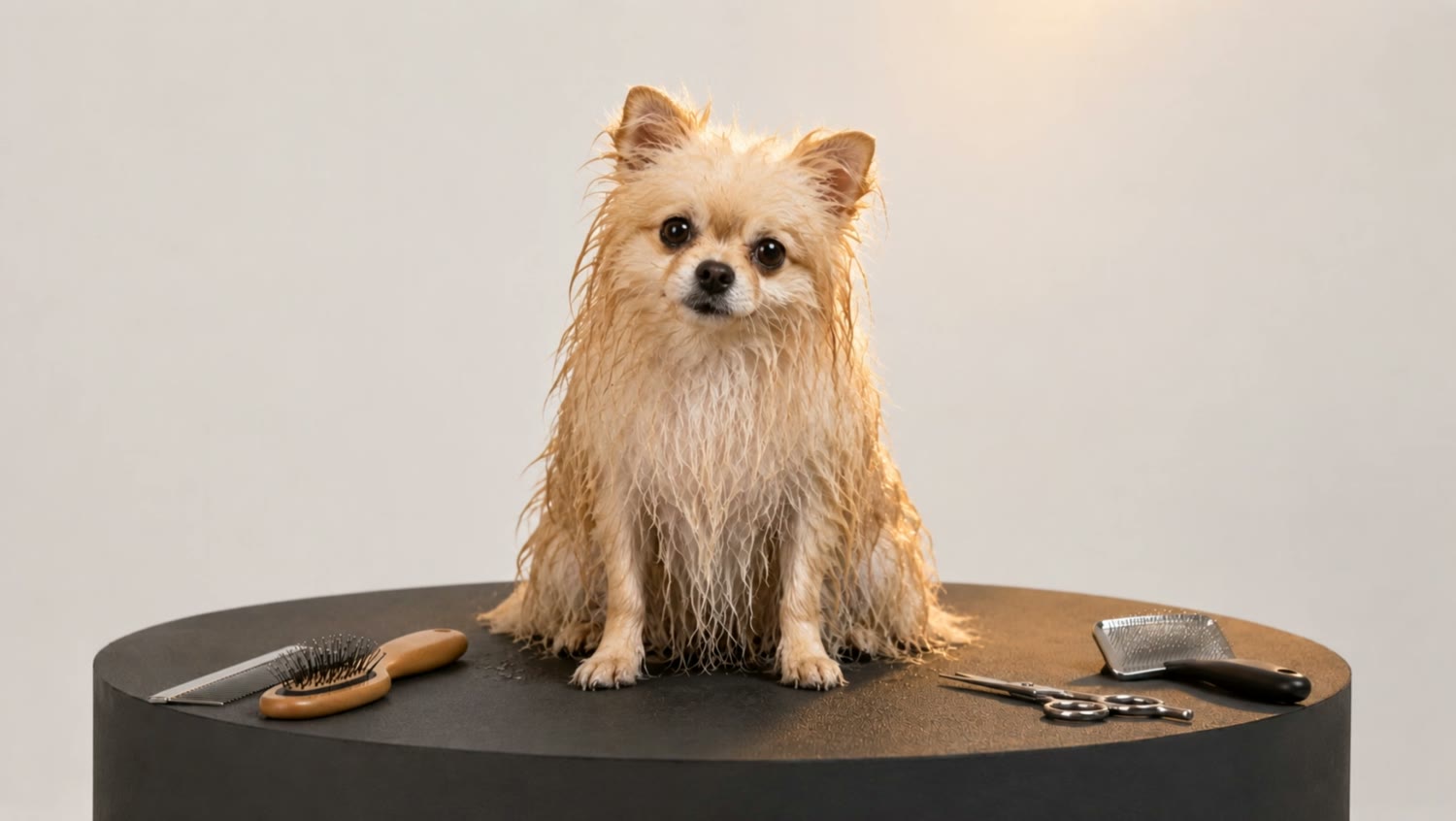 Wet, matted cream Pomeranian before grooming