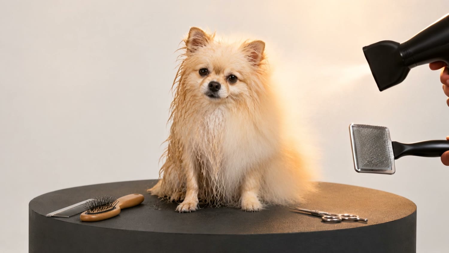 Pomeranian during the warm blow-out