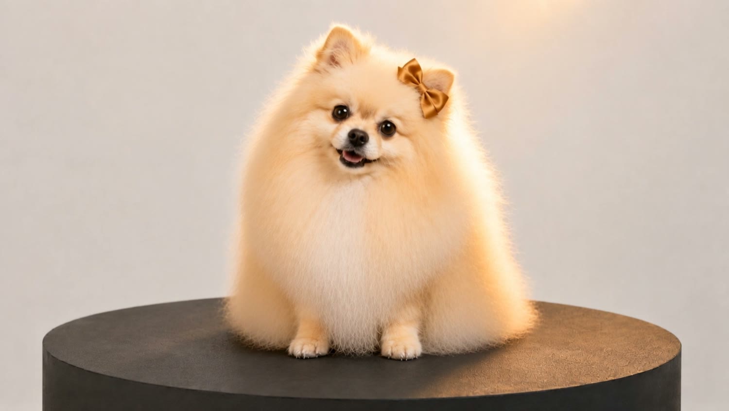 Freshly groomed fluffy cream Pomeranian with a honey bow, after grooming